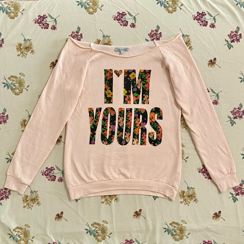 Charlotte Russe Off the Shoulder “I’m Yours” Crewneck - X-Small, Light Pink